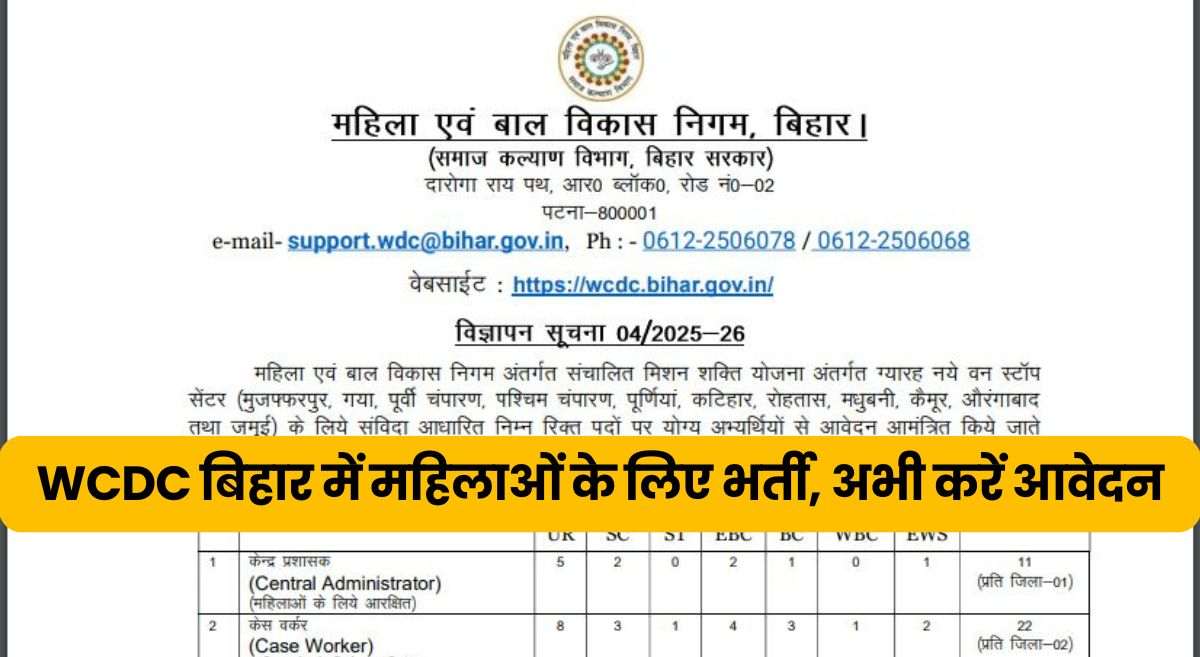 WCDC Bihar 2025: महिलाओं के लिए मौका! बिहार महिला एवं बाल विकास निगम में भर्ती, यहां जानें आवेदन प्रक्रिया
