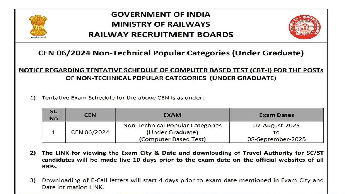 RRB NTPC UG Exam Date 2025