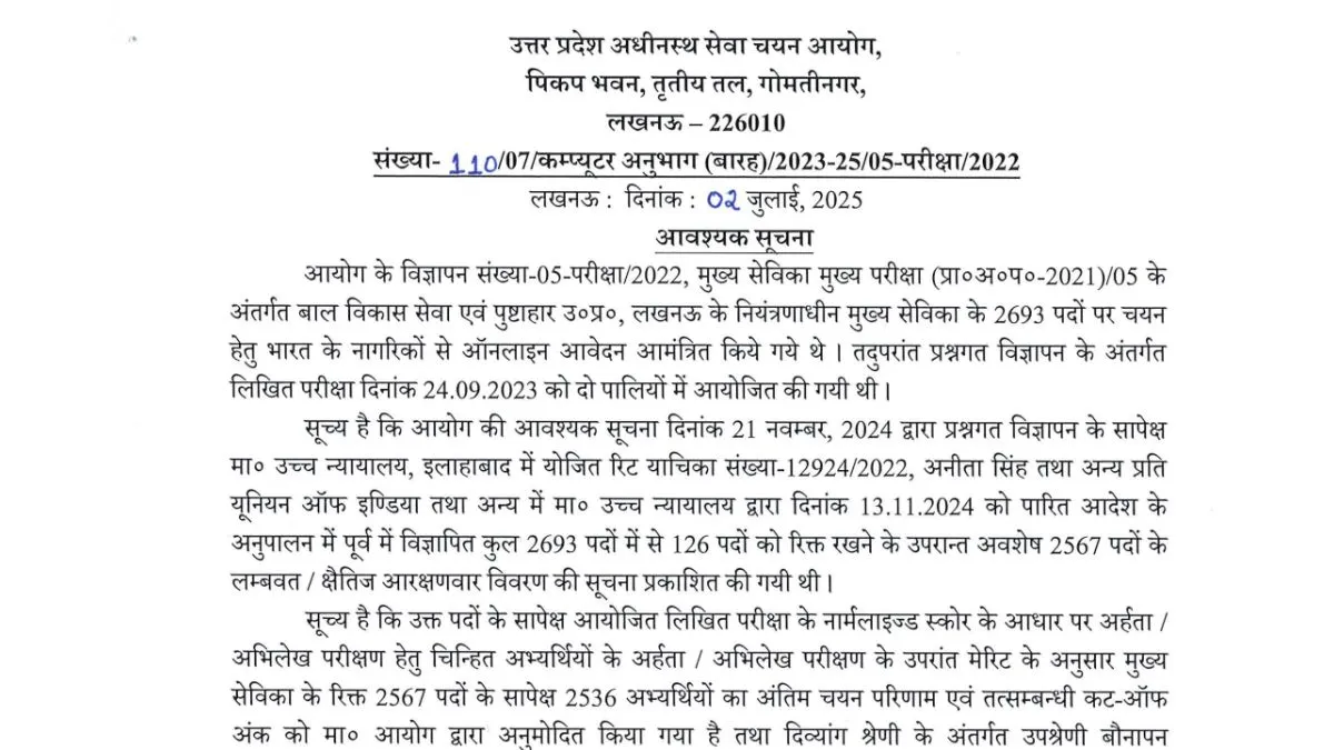 UPSSSC Mukhya Sevika Final Result OUT