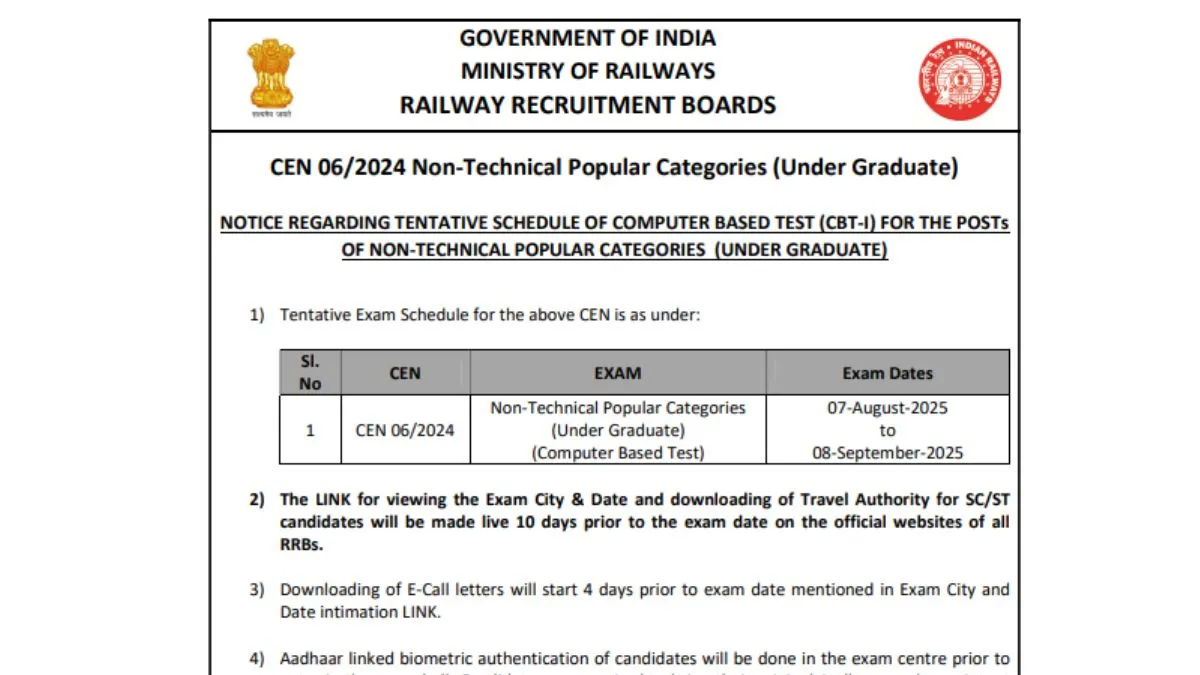 RRB NTPC Undergraduate Exam Date 2025 OUT