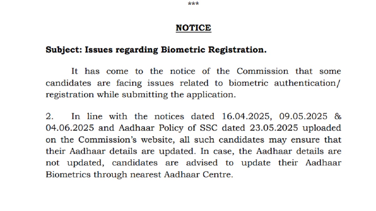 SSC Registration 2025 Notification: Check Latest Update Regarding Biometric Authentication Issues, Download PDF Here