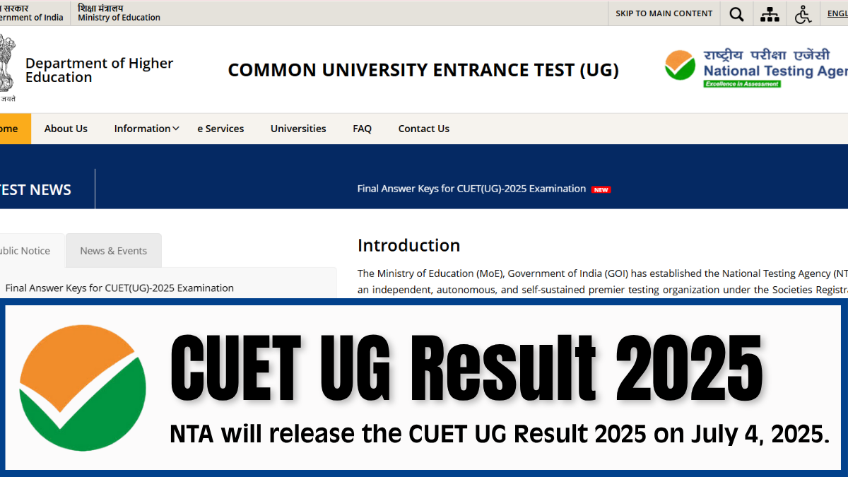 NTA will release the CUET UG Result 2025 on July 4, 2025.