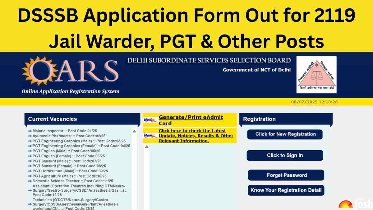 DSSSB Vacancy 2025: Apply Online for 2119 Posts of Jail Warder and Other Posts at dsssb.delhi.gov.in - Check Application Fees, Last Date and More
