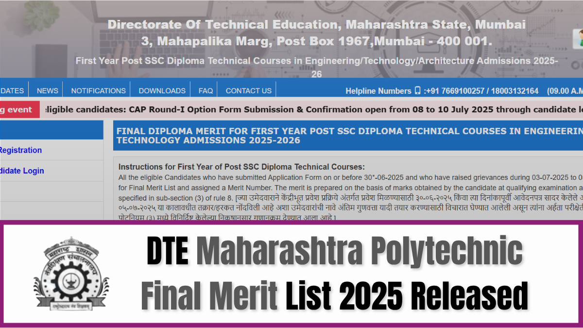 DTE Maharashtra Polytechnic Final Merit List 2025 released.