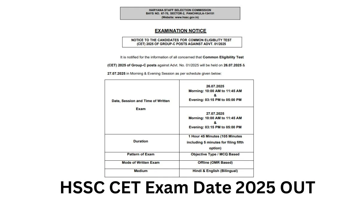 हरियाणा CET Group C एग्जाम शेड्यूल 2025