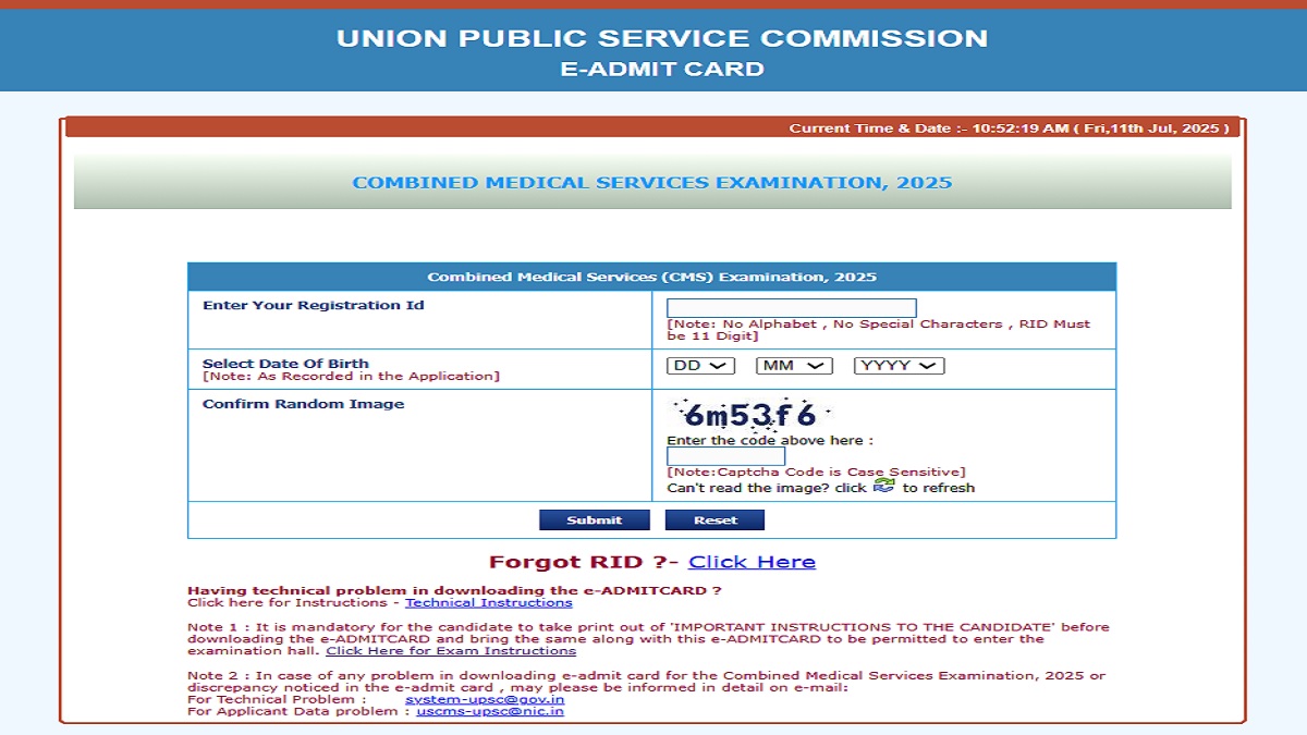 UPSC CMS Admit Card 2025 Released at upsconline.nic.in, Download Combined Medical Services Examination Hall Ticket - Link Here