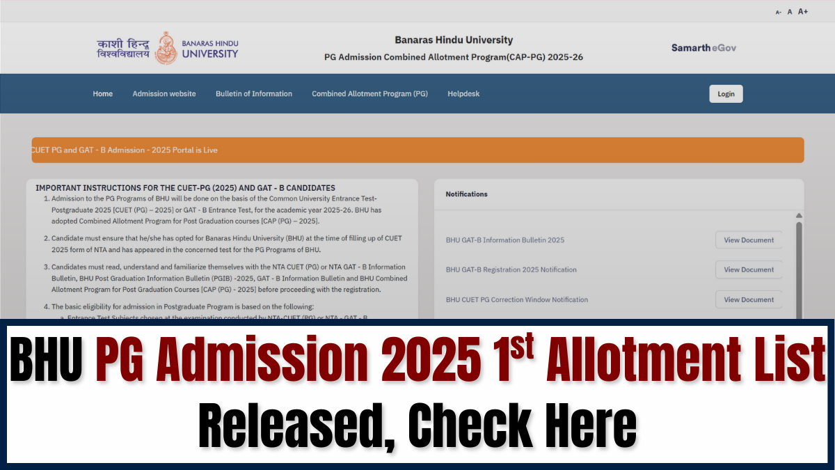 BHU Admission 2025: Round 1 Seat Allotment Result Announced for PG Courses; Details Here