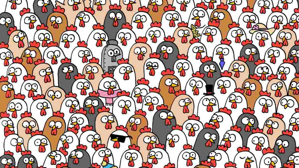 Spot three owls hidden among chickens.
