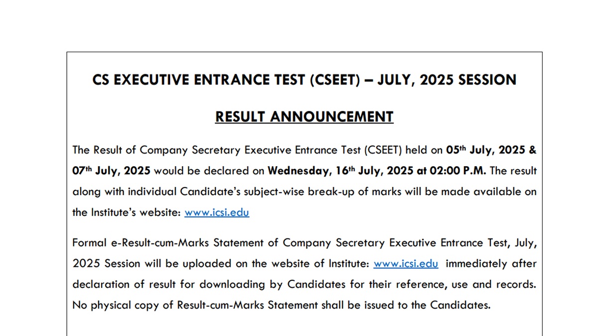 ICSI CSEET July 2025 Result Tomorrow at icsi.edu, Check Steps to Download Scorecard