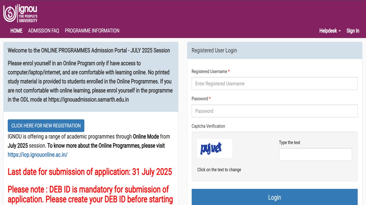 IGNOU July 2025 Session Registrations Extended to July 31, Apply at ignouiop.samarth.edu.in