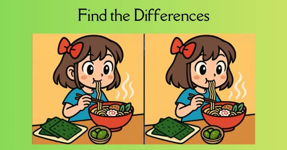 Spot 3 Differences in Girl Eating Ramen Picture