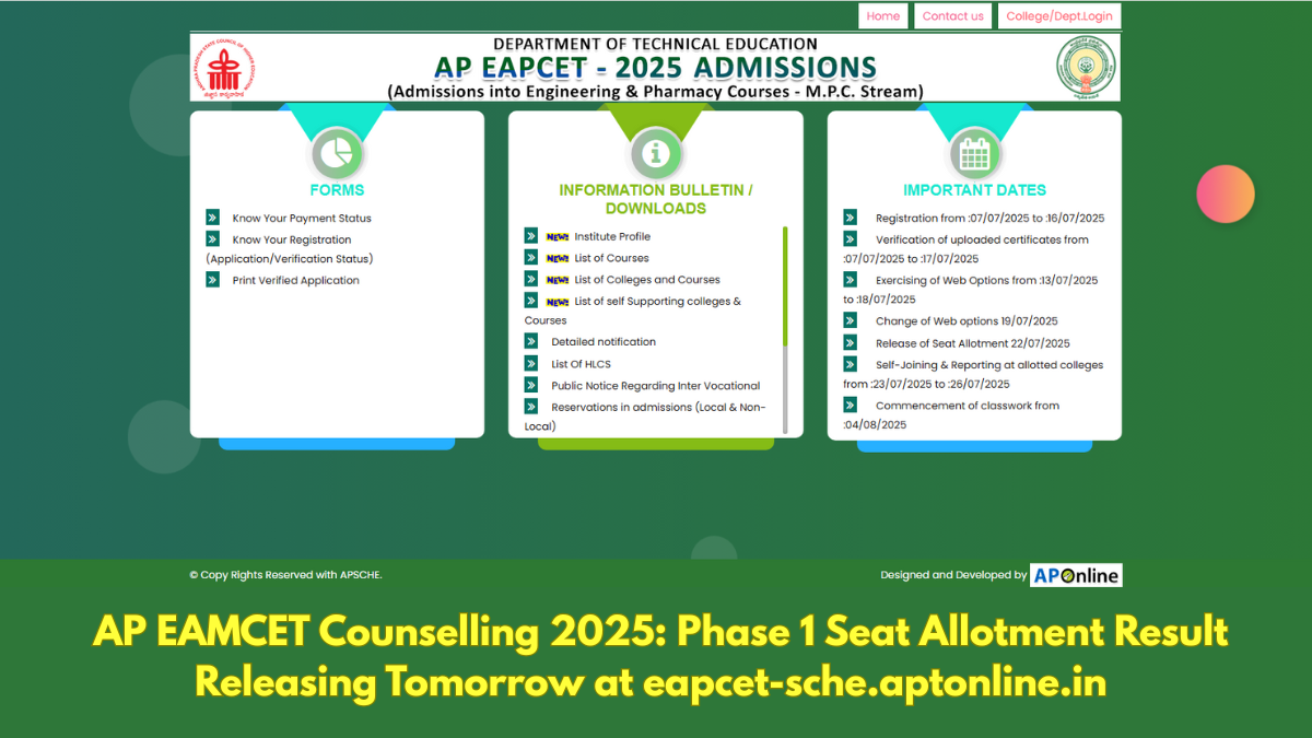 AP EAMCET Counselling 2025: Phase 1 Seat Allotment Result Releasing Tomorrow at eapcet-sche.aptonline.in