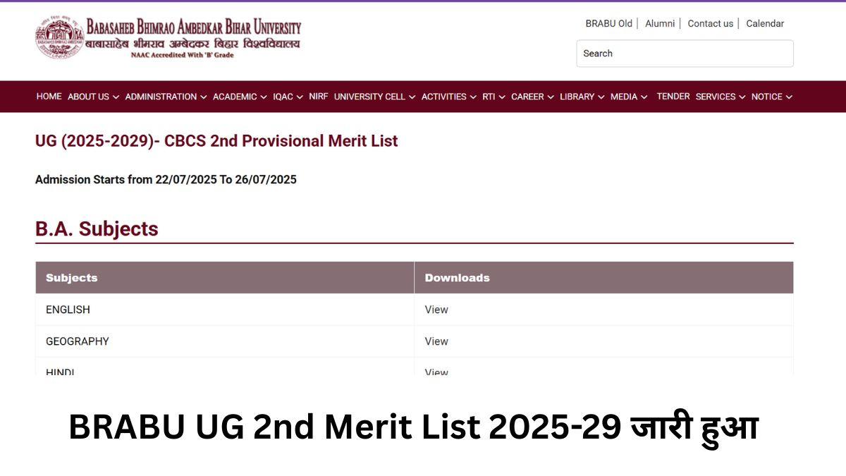 BRABU UG 2nd Merit List 2025-29 OUT:  बिहार यूनिवर्सिटी 2nd मेरिट लिस्ट brabu.ac.in पर जारी, यहां करें चेक
