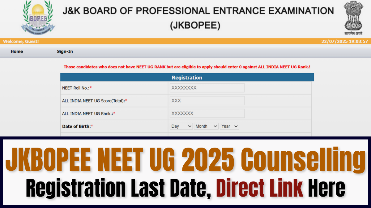 JK NEET UG Counselling 2025: Registration Last Date Today at jkbopee.gov.in, Direct Link Here