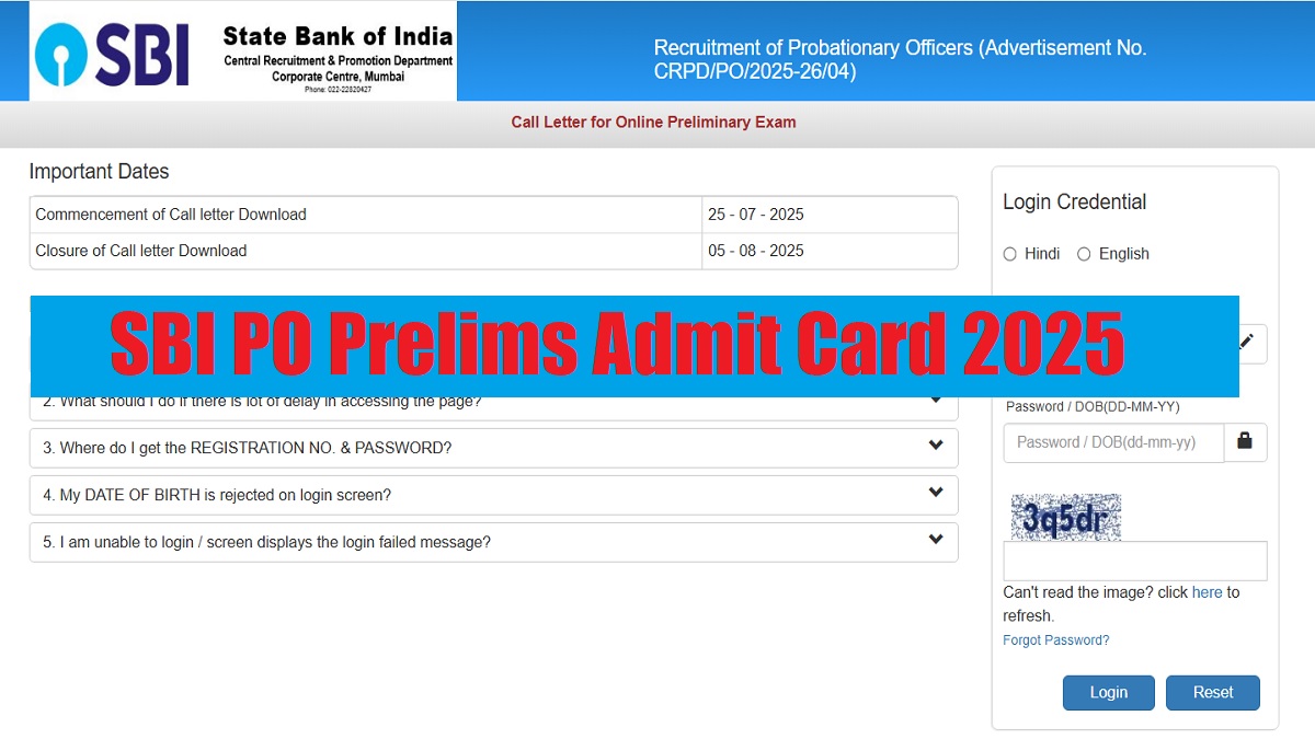 SBI PO Prelims Admit Card 2025 OUT: Download SBI PO Hall Ticket PDF at Official Website sbi.co.in - More Details Here