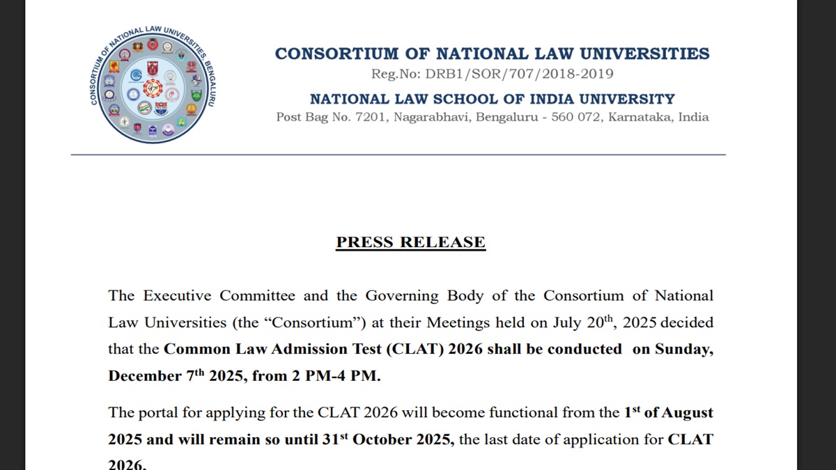 CLAT 2026 Notification Released at consortiumofnlus.ac.in