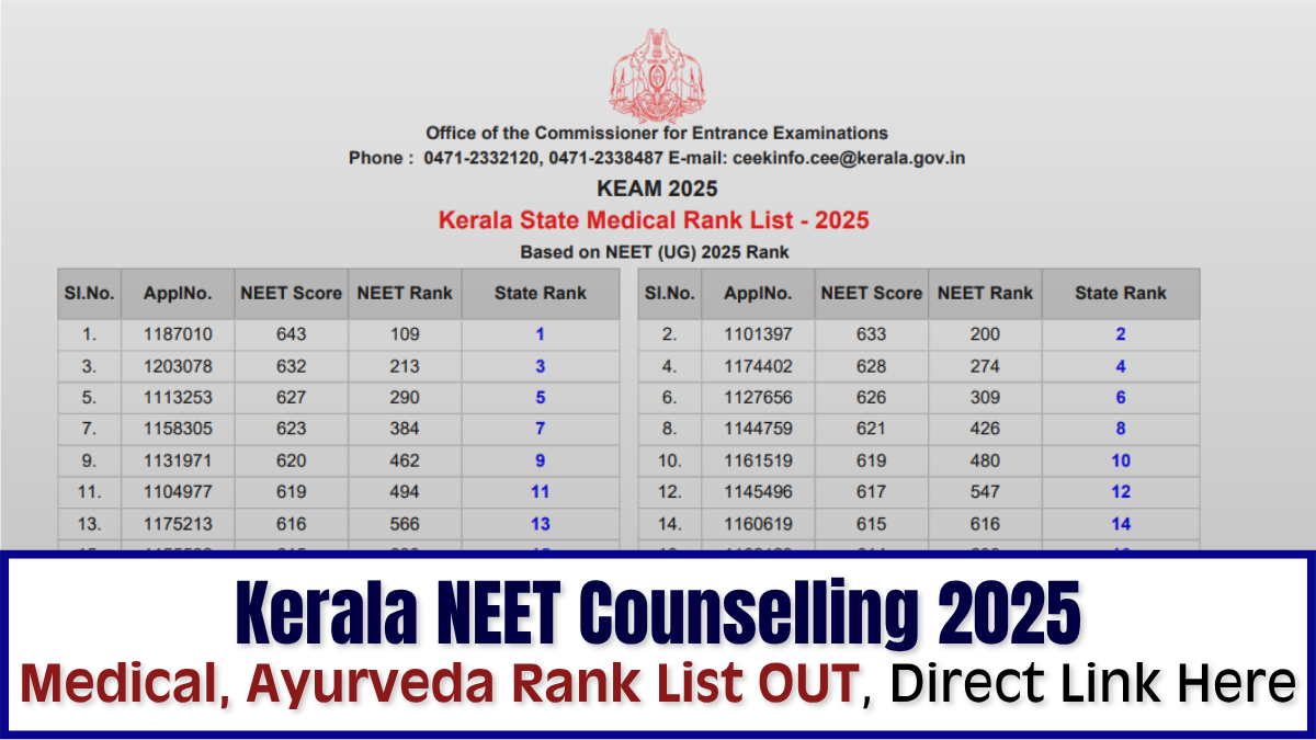 Kerala NEET Counselling 2025: Final Rank Lists OUT for Medical and Ayurveda Courses; Details Here
