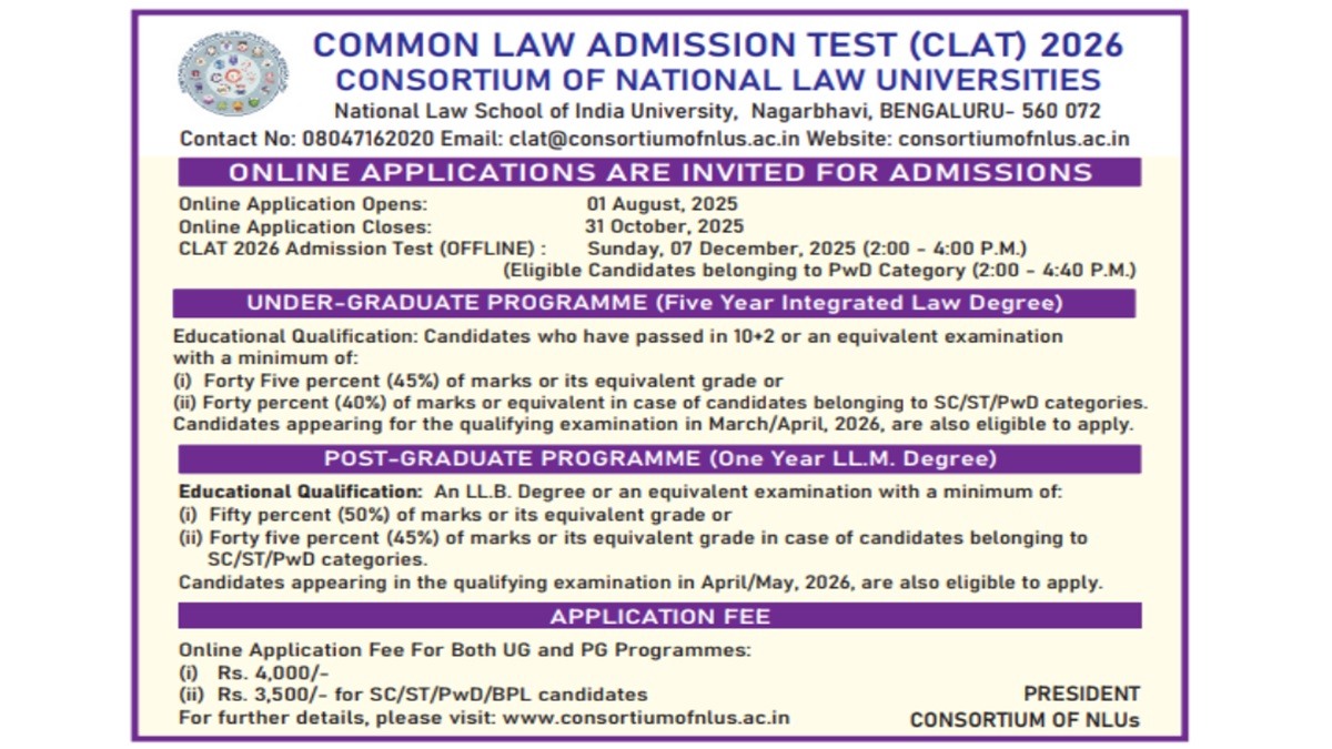 CLAT 2026: Admission Notification Published, Check Application Fee, Eligibility