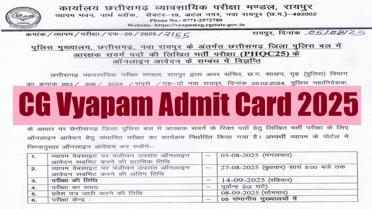 CG Vyapam Exam Date 2025 Out, Download Admit Card PDF at vyapamcg.cgstate.gov.in Soon