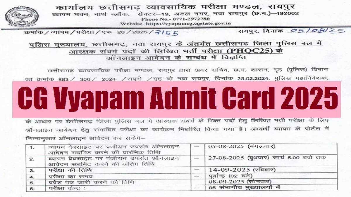 Get all details about CG Vyapam Admit Card 2025 Date here