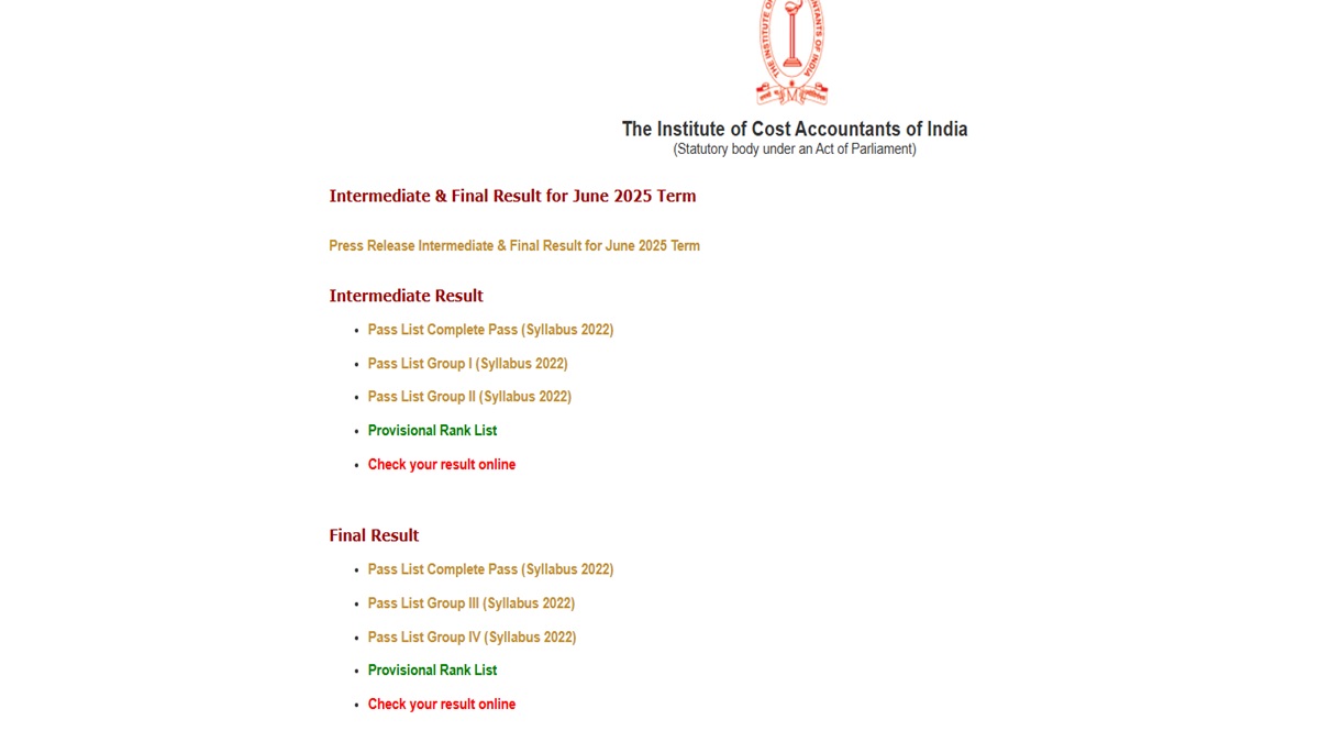 ICMAI CMA June 2025 Inter, Final Result Out, Check Scorecard at icmai.in