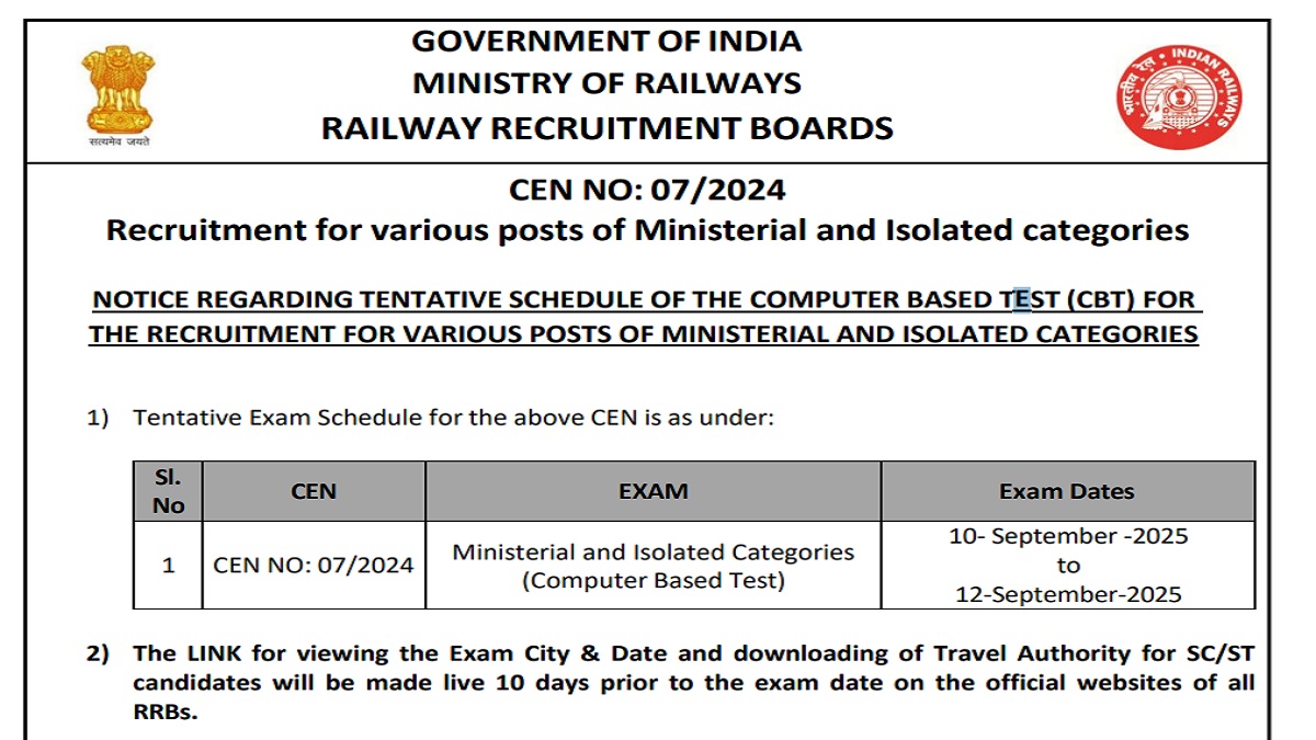 RRB Ministerial & Isolated CEN 07/2024 Exam Schedule Released at rrbcdg.gov.in, Check Important Dates Here