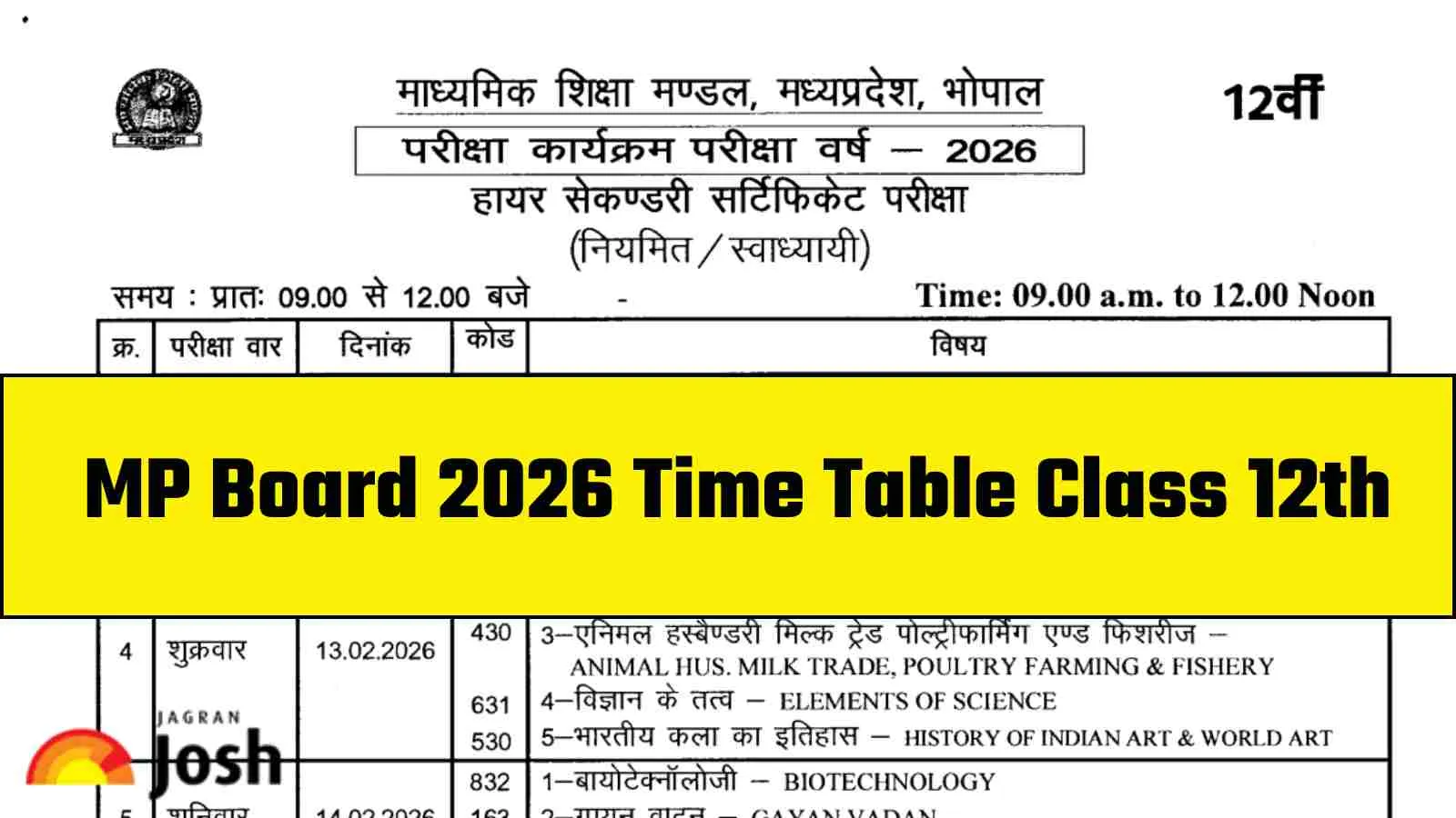 Get here MP Board Time Table 2026 for Class 12th