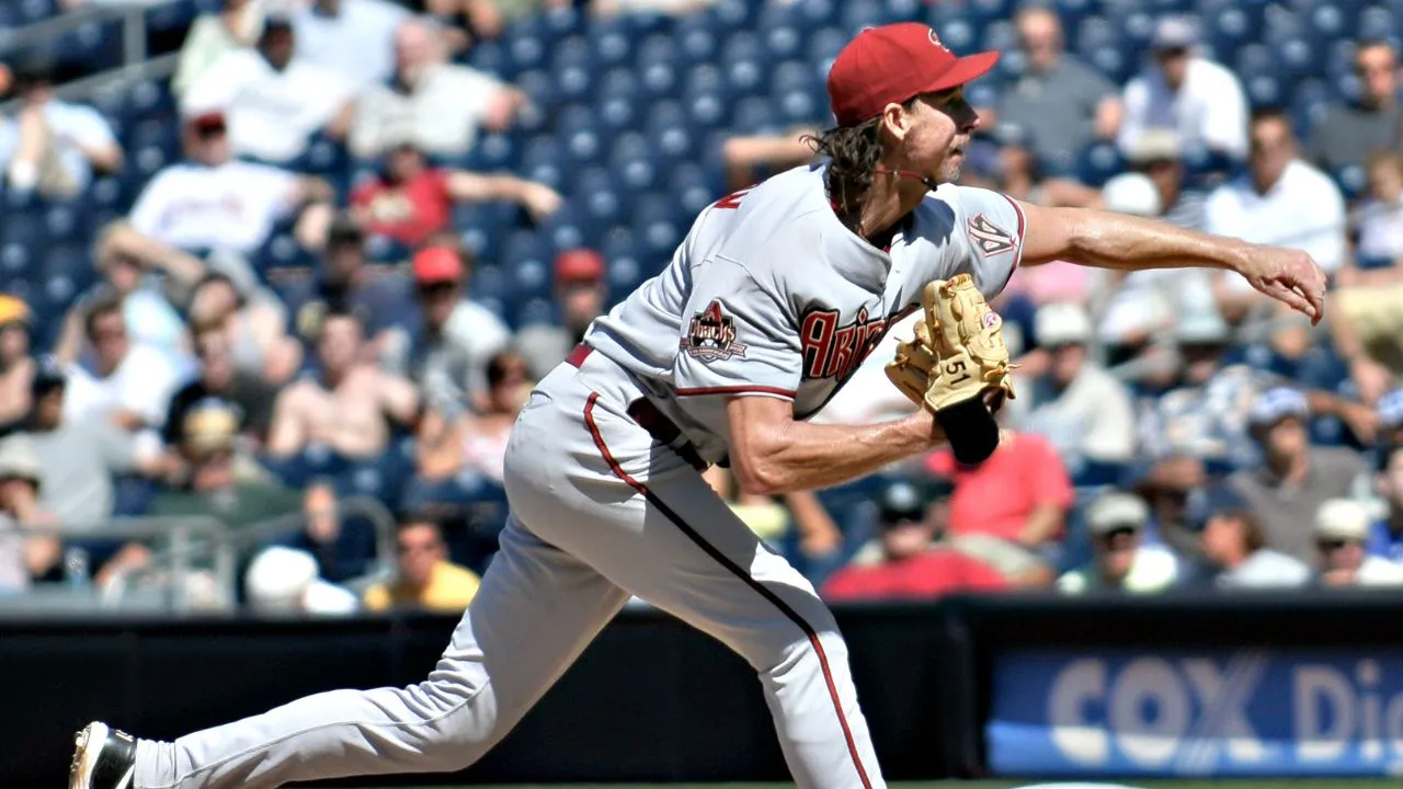 Randy Johnson pitching for the Arizona Diamondbacks on August 27, 2008, at Petco Park in a game against the San Diego Padres.