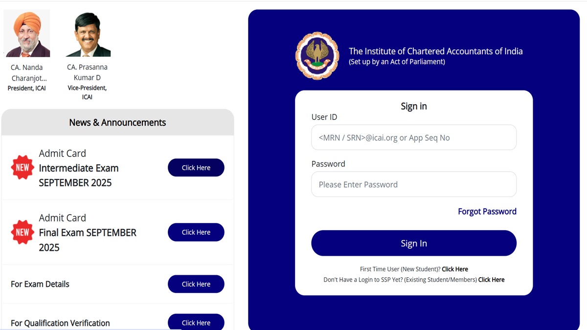 ICAI Admit Card 2025: CA Foundation, Intermediate and Final September Hall Tickets Released at icai.org