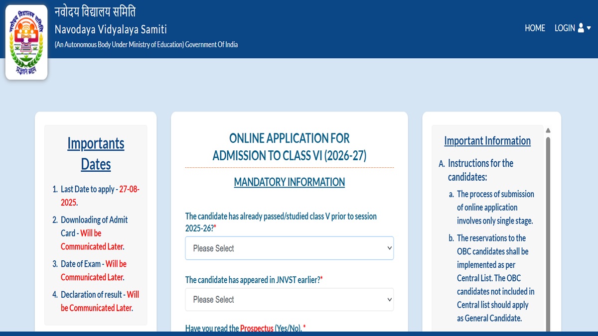 JNVST Class 6 Admission 2026 Registration Deadline Extended to August 27, Apply at cbseitms.rcil.gov.in