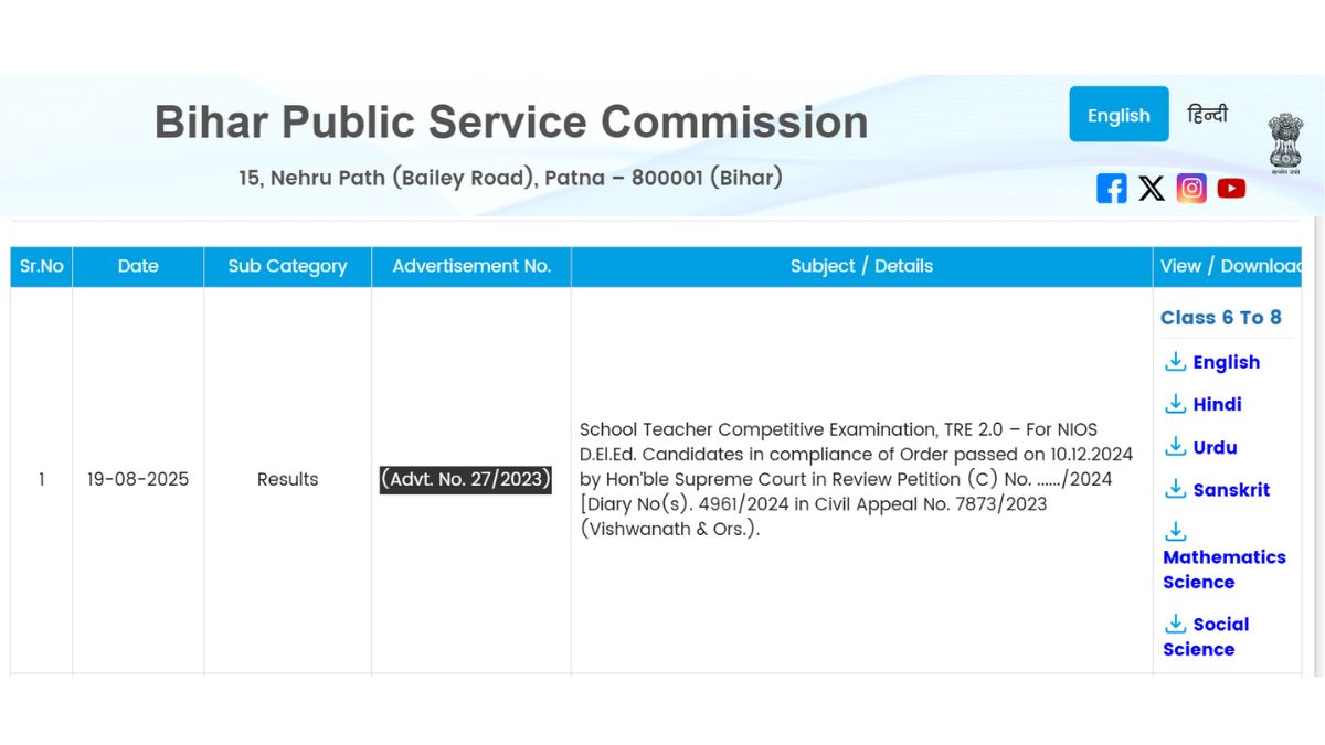 BPSC TRE Result 2025 OUT: बिहार टीचर भर्ती NIOS DElEd का रिजल्ट bpsc.bihar.gov.in पर जारी, ये रहा Direct Link