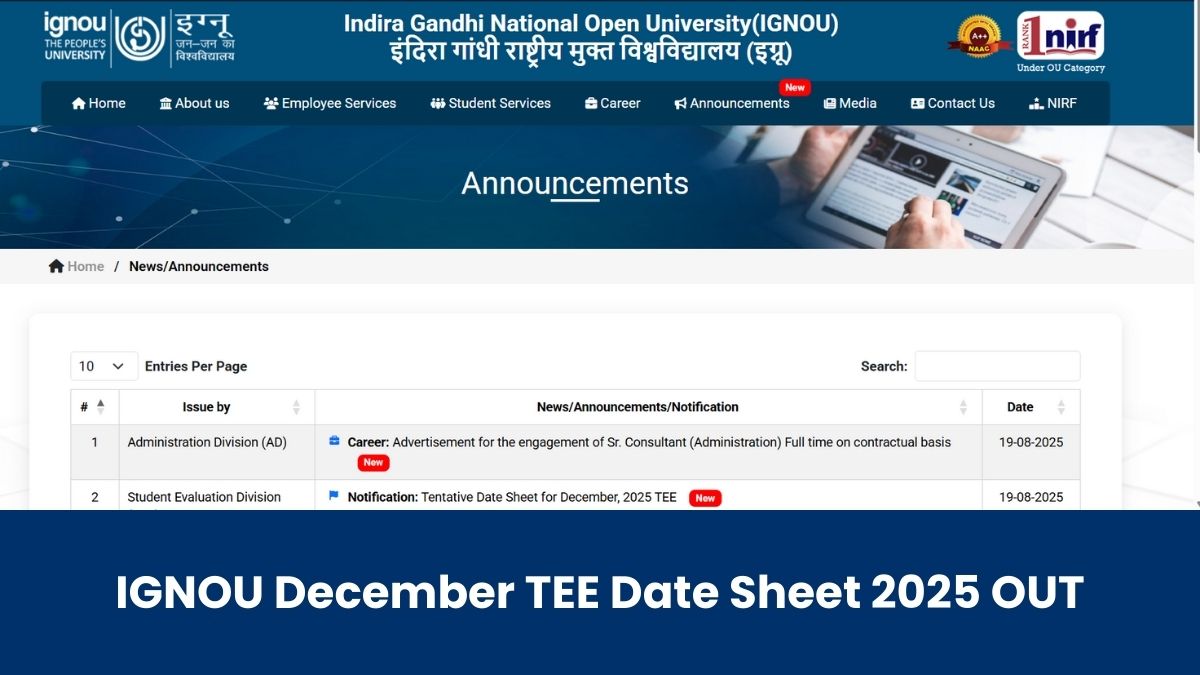 IGNOU December TEE Date Sheet 2025 OUT: इग्नू दिसंबर TEE परीक्षा डेटशीट ignou.ac.in पर जारी, यहां चेक करें पूरा शेड्यूल PDF