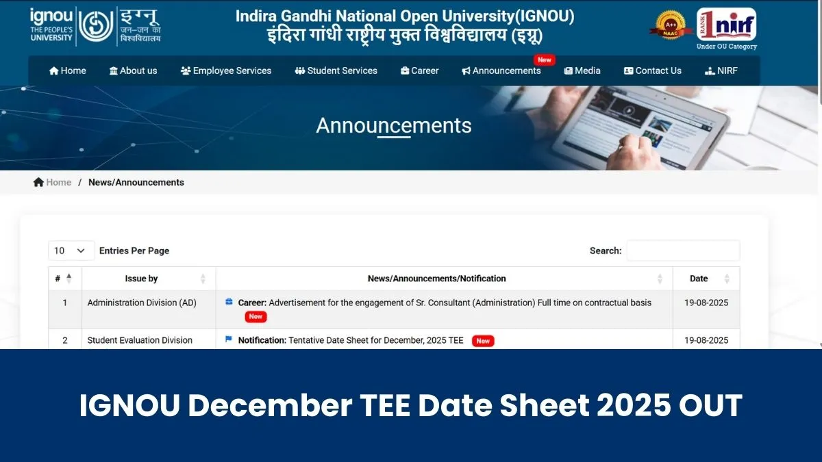 IGNOU December TEE Date Sheet 2025 OUT