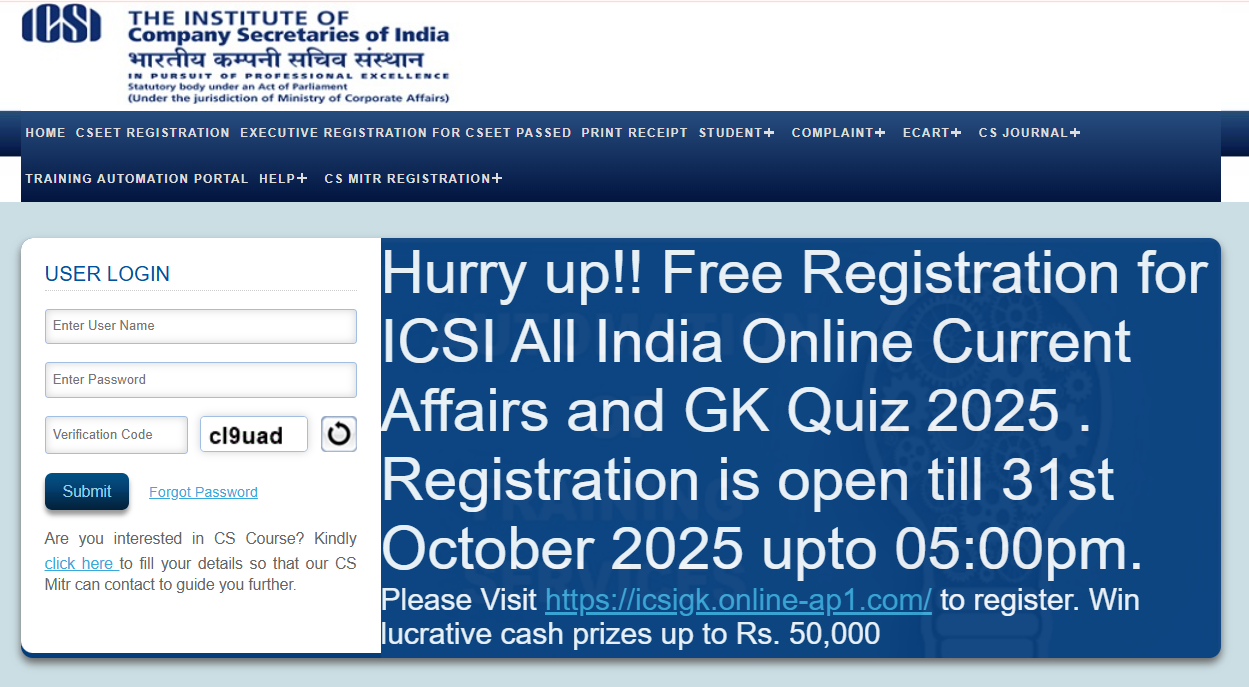 ICSI CS December 2025 Registration to start from August 26, 2025.