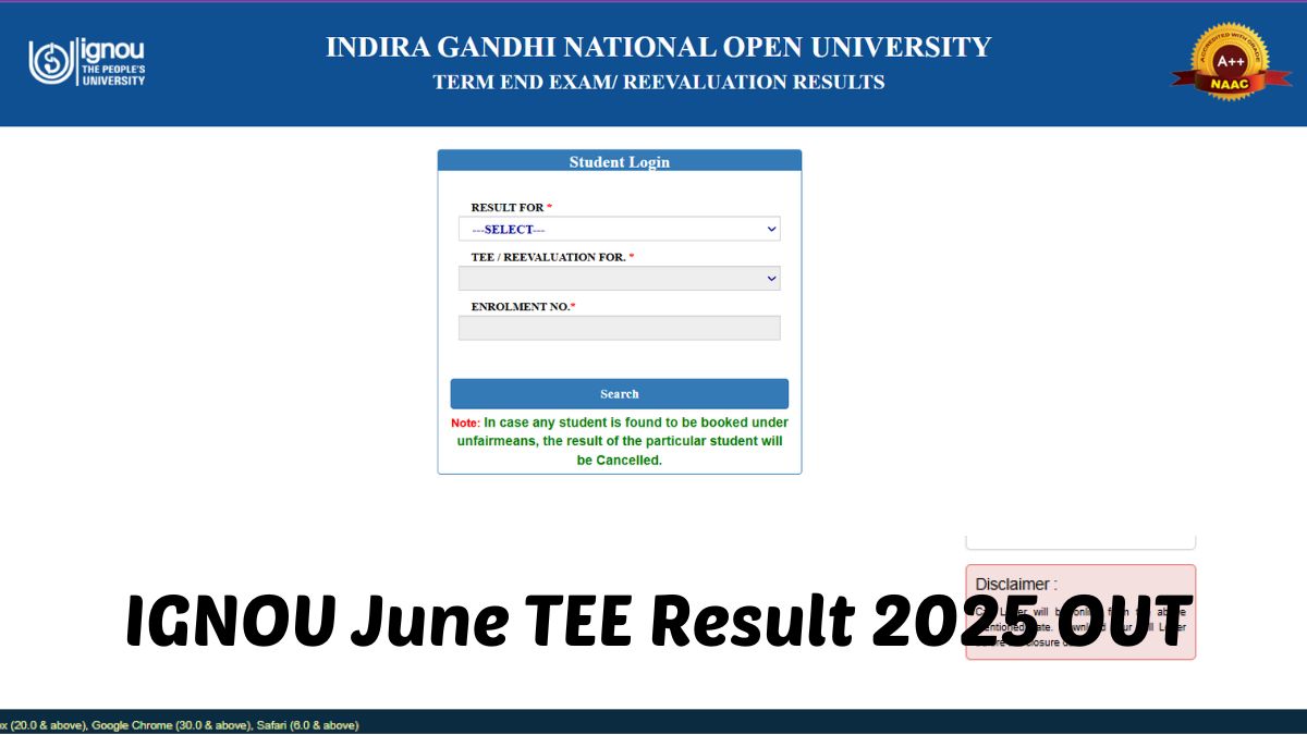 IGNOU TEE June 2025 Result [OUT]: इग्नू टीईई जून रिजल्ट जारी, यहाँ देखें मार्कशीट Direct Link
