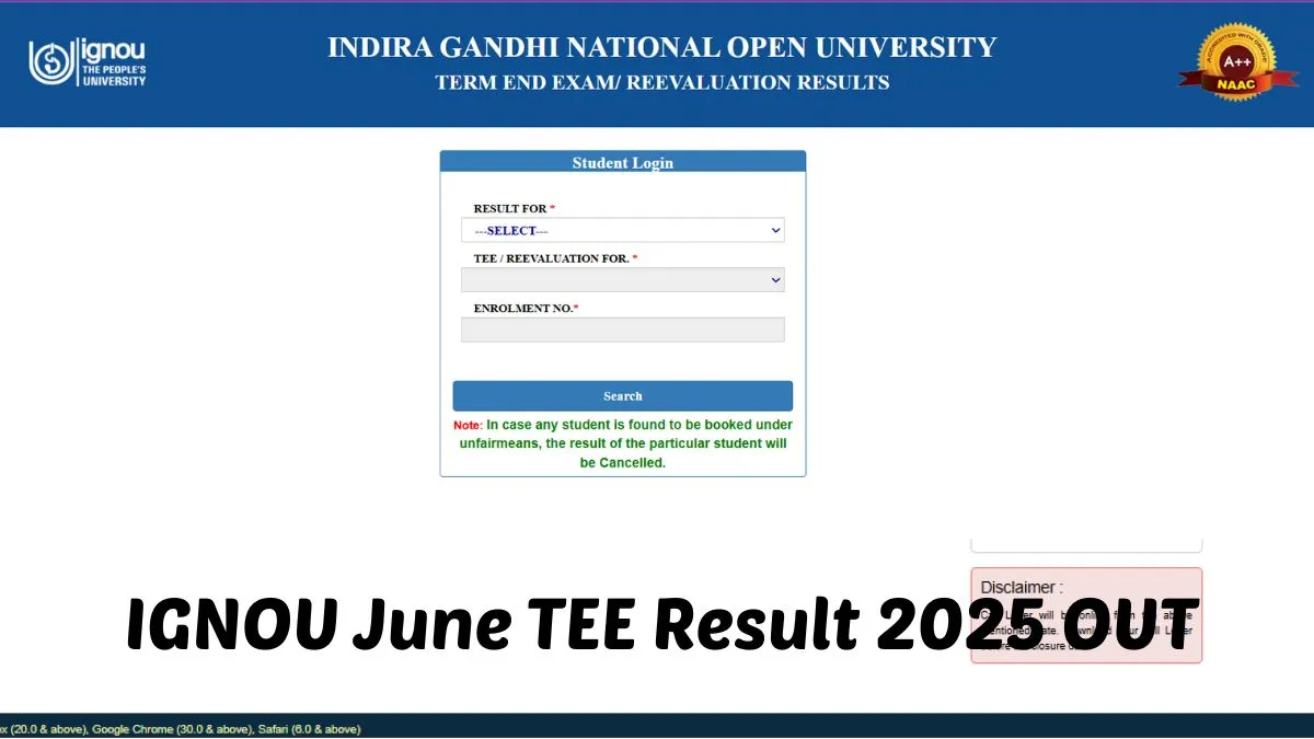IGNOU TEE June 2025 Result OUT