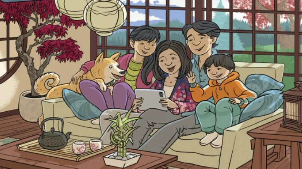 Spot four objects in this family scene.