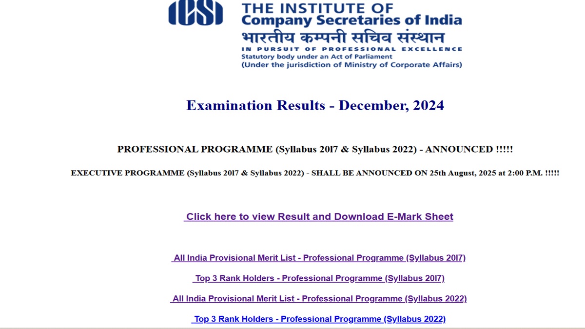 ICSI CS Professional Result 2025 Out: Check CS Professional 2017 and 2022 Syllabus Merit List Here