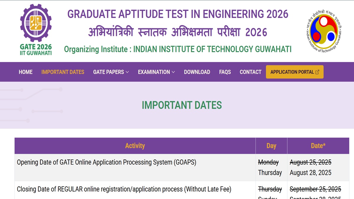 GATE 2026 Registration and Application Dates Postponed, Link to be Activated on August 28, Apply at gate2026.iitg.ac.in
