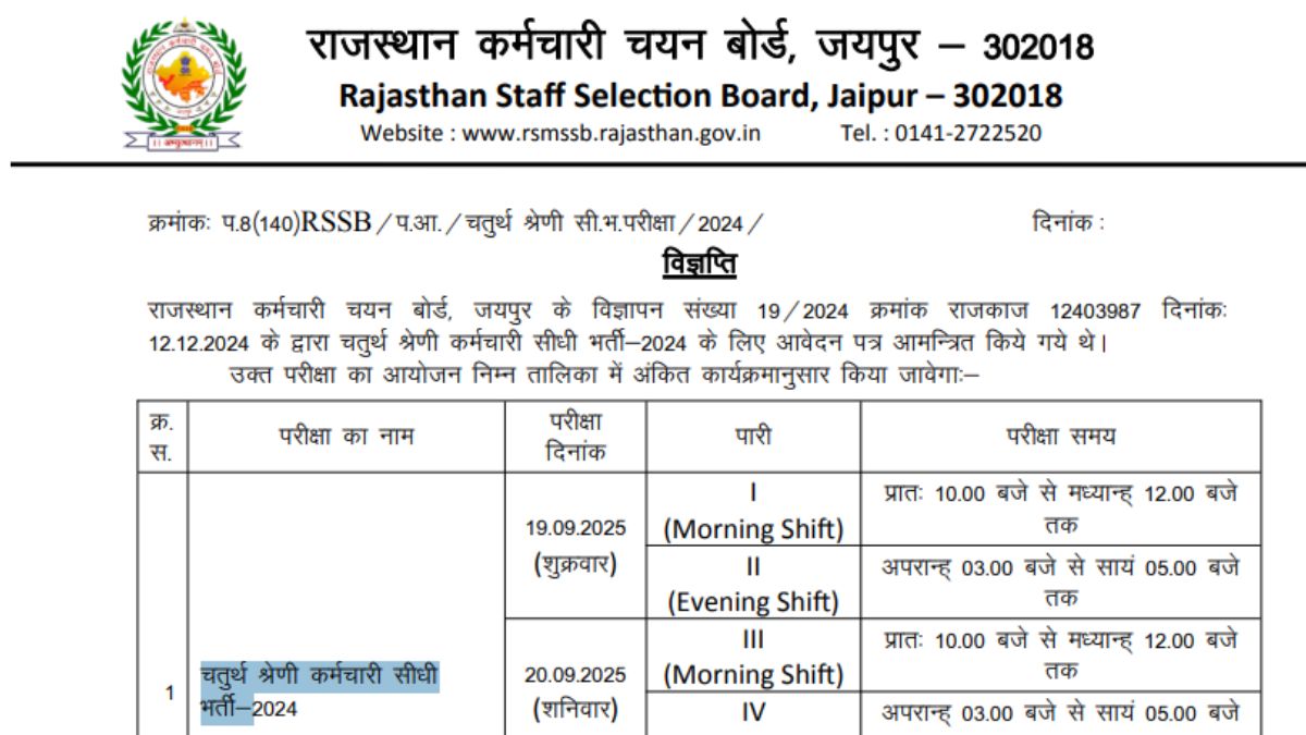 Rajasthan 4th Grade Exam Date 2025 OUT: राजस्थान चतुर्थ श्रेणी परीक्षा शेड्यूल जारी, चेक करें शिफ्ट और टाइमिंग