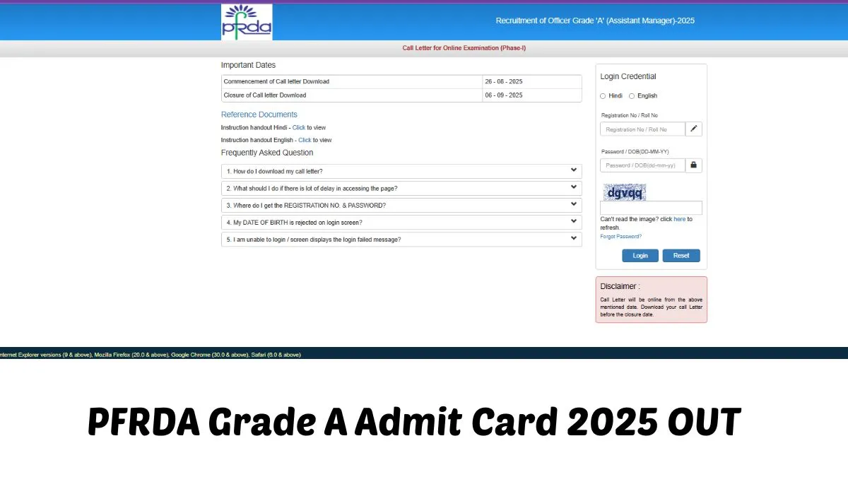 PFRDA Grade A Admit Card 2025 OUT