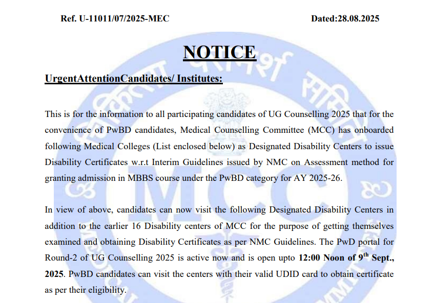 NEET UG 2025 Counselling: MCC Opens Round 2 with 13 New Disability Centres for PwD Certificates