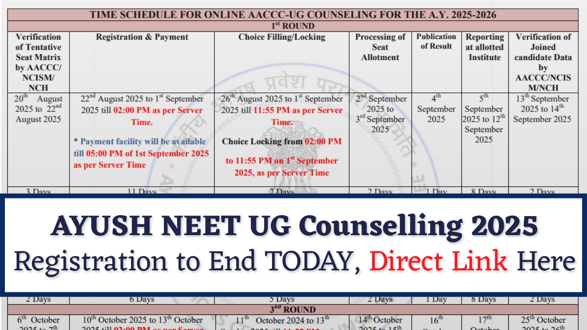 AYUSH NEET UG Counselling 2025: Round 1 Registration Ends Today; Apply at aaccc.gov.in