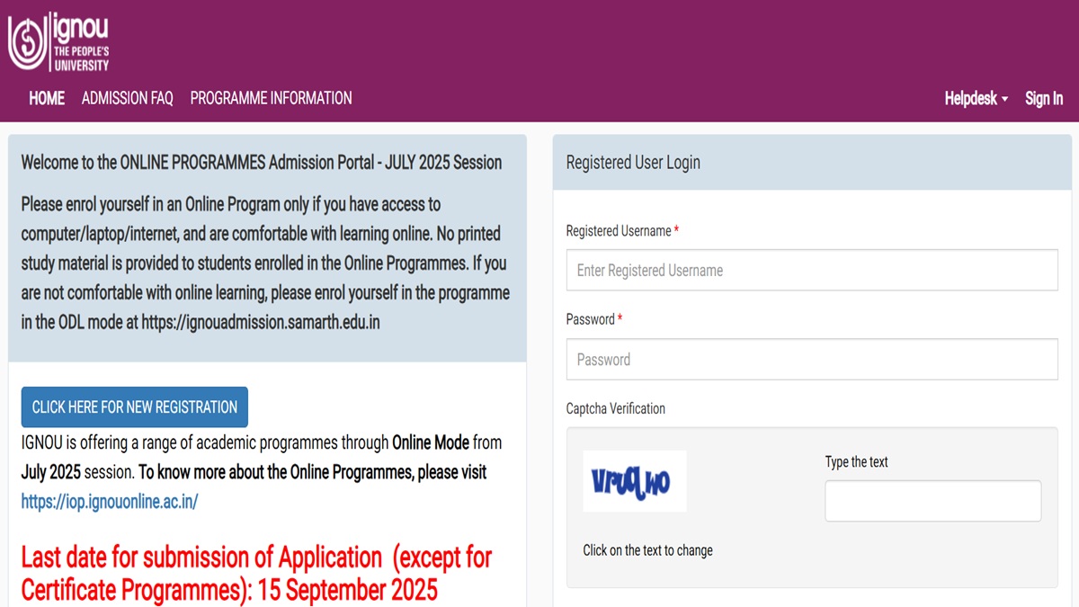 IGNOU July 2025 ODL Registrations Extended to September 15, Apply at ignouiop.samarth.edu.in
