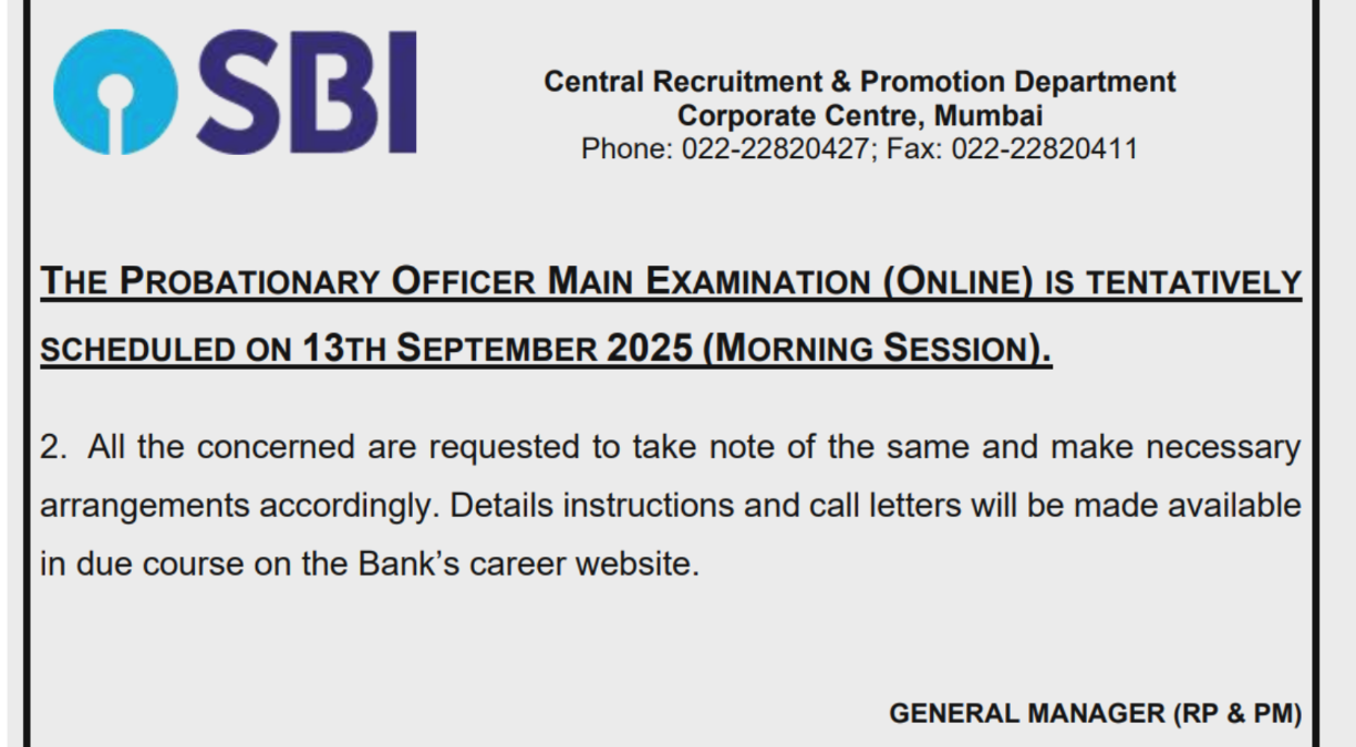 SBI PO Mains 2025: Exam Confirmed for September 13th, Admit Card Releasing Soon at sbi.co.in