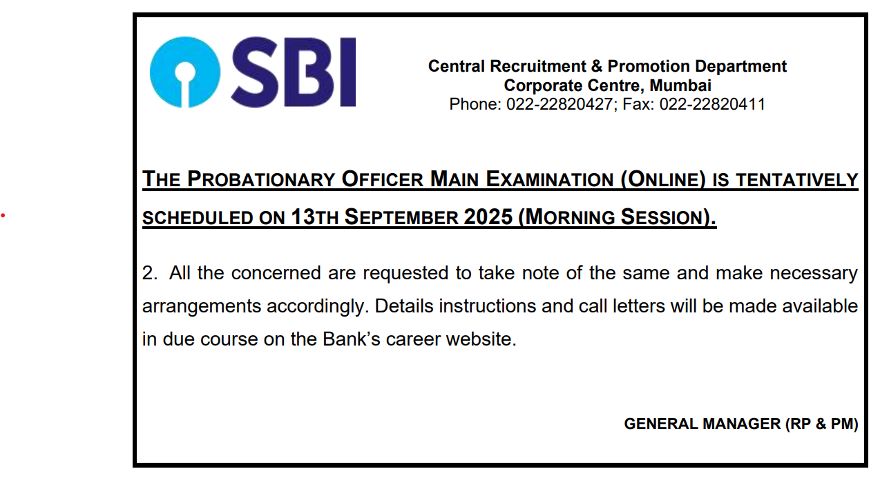 SBI PO Mains 2025: Exam Confirmed for September 13th, Admit Card Releasing Soon at sbi.co.in