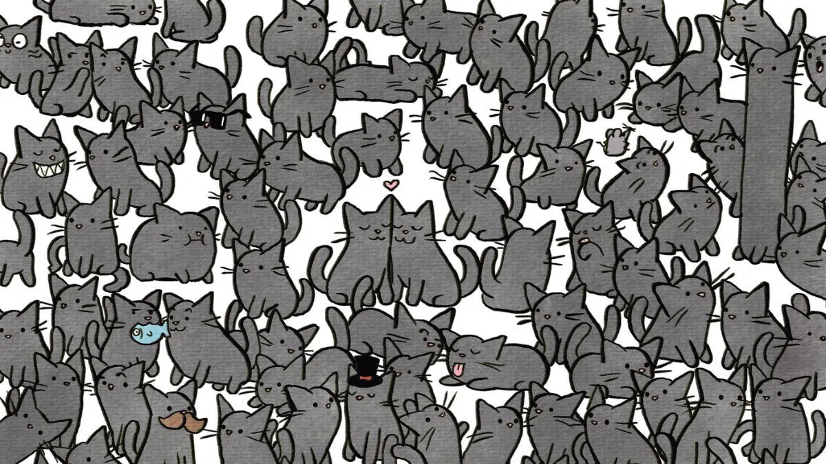 Spot 5 horseshoes hidden among cats!