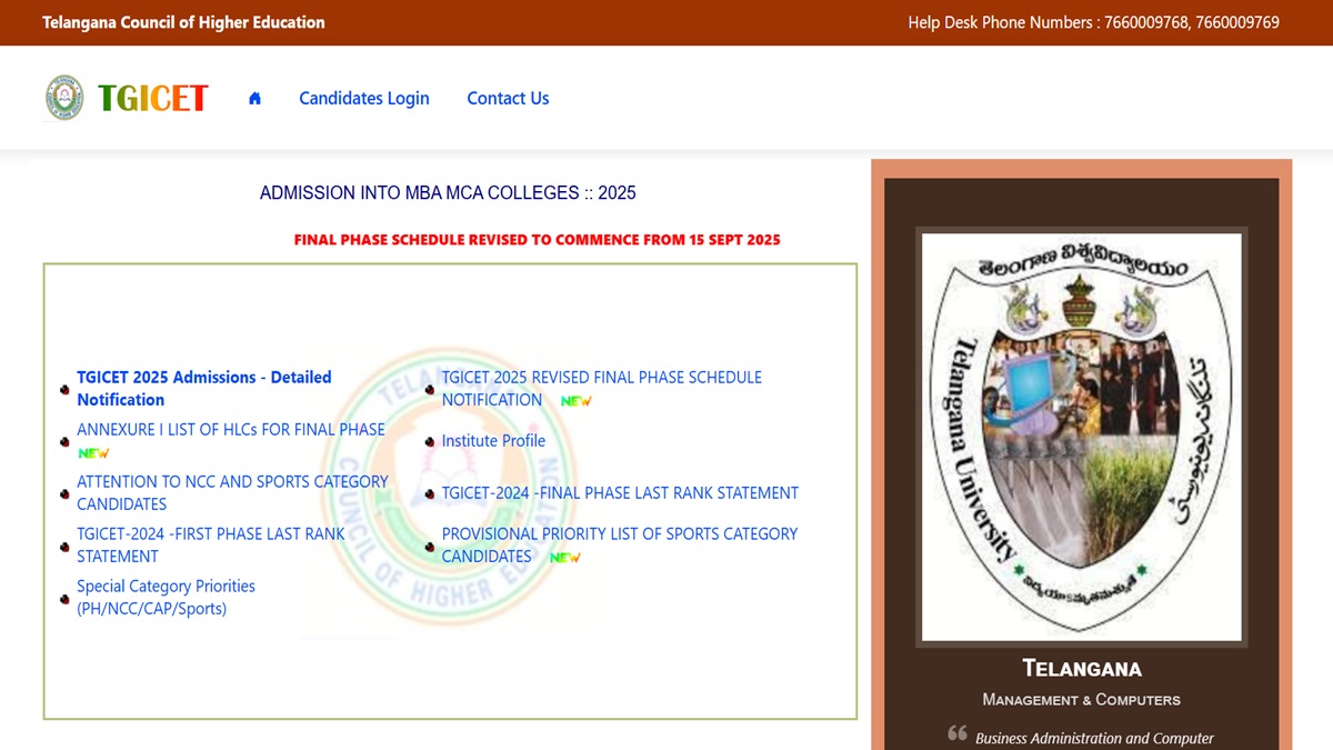 TG ICET Counselling 2025 Final Phase Revised Schedule Out, Registrations from September 15 at tgicet.nic.in