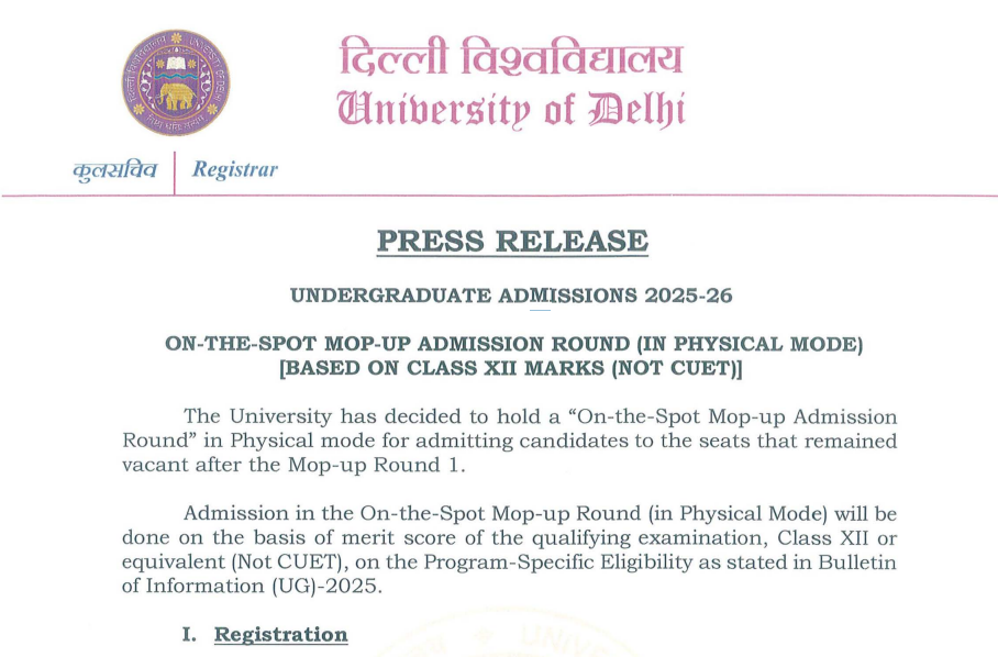 DU Opens Mop-up Round Registration for UG Courses; Details Score