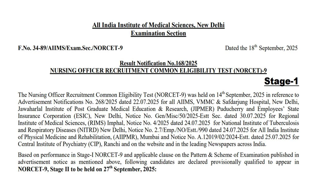 AIIMS NORCET 9 Result 2025